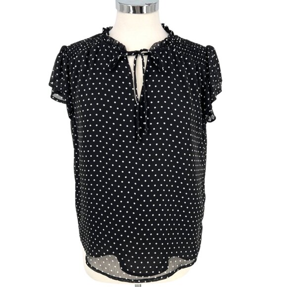 CeCe Black White Polka Dot Blouse Flutter Sleeve Size Medium - Picture 1 of 11